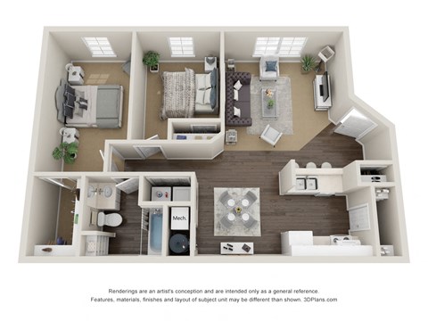 Floor plan for 2 beds, 1 bath, 965 sqft